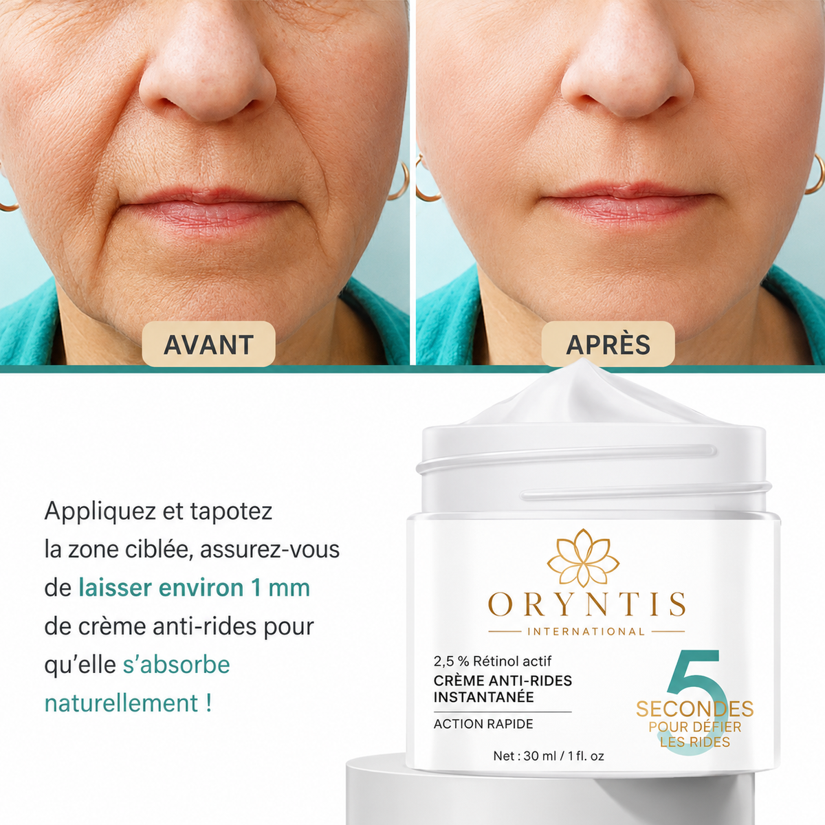 Crème Anti-Rides Rétinol Oryntis - Avant Après visage