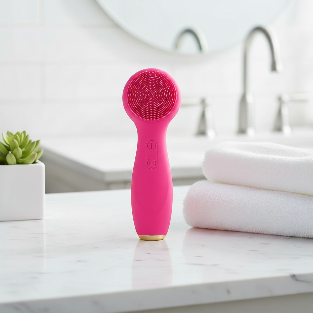 Brosse nettoyante visage électrique rose sur marbre blanc, ambiance salle de bain